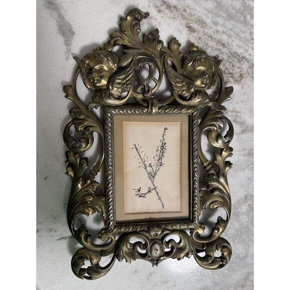 Antique Victorian Heavy Brass Art Nouveau Angels Cherubs Picture Frame Stand - Picture 7 of 8